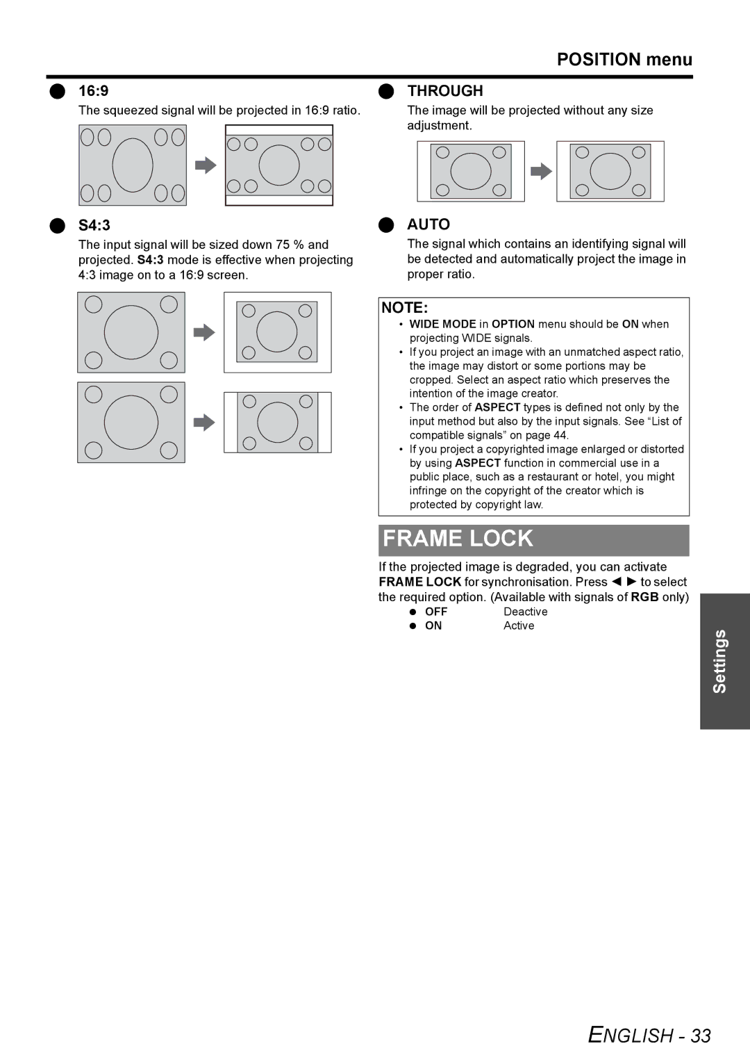 Panasonic PT-LB80U, PT-LB80NTU manual Frame Lock, Position menu, 169, S43 