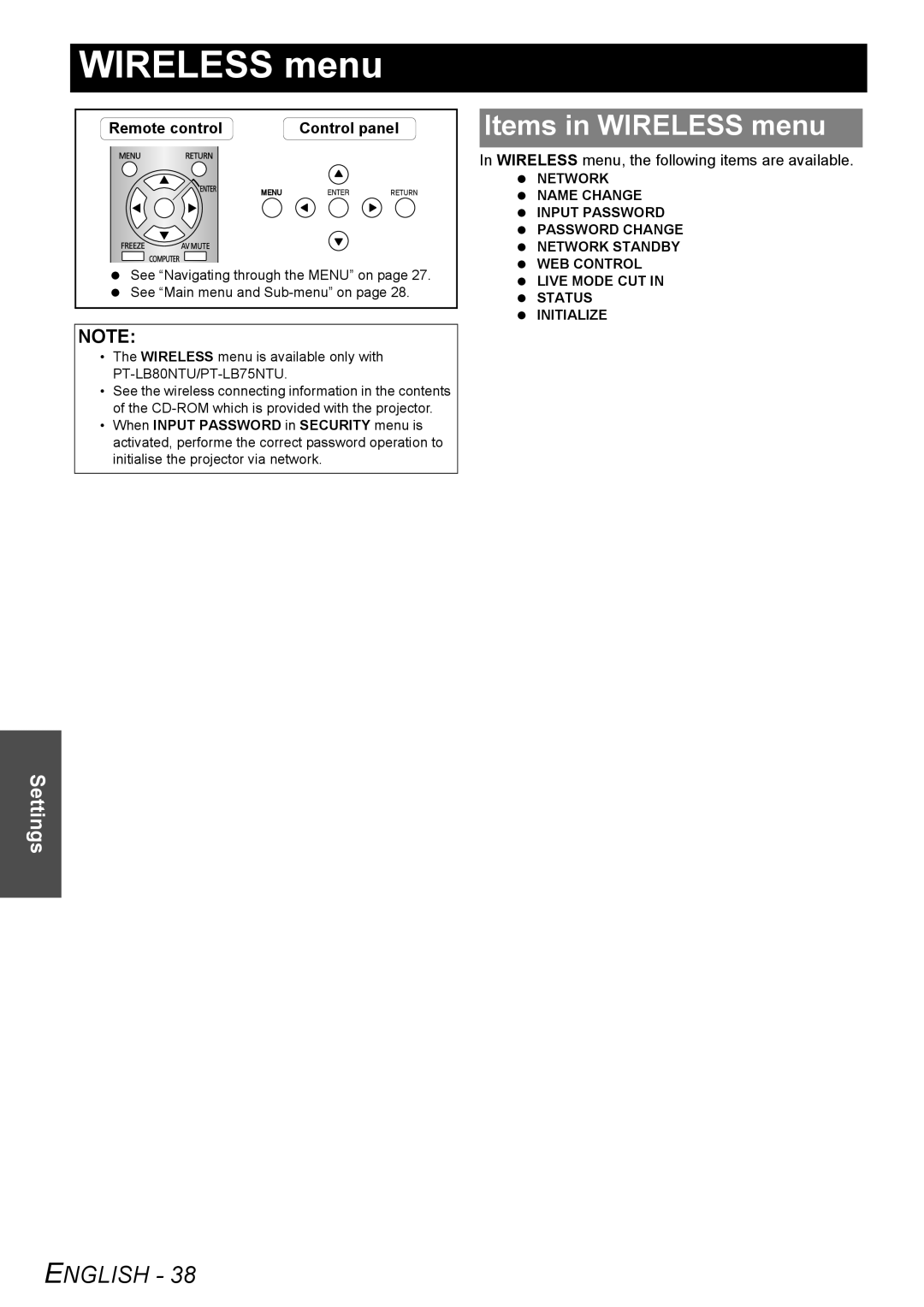 Panasonic PT-LB80NTU, PT-LB80U manual Items in Wireless menu, Wireless menu, the following items are available 