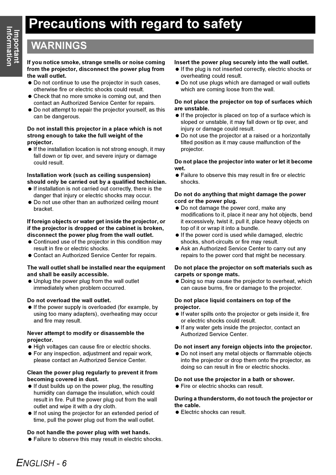 Panasonic PT-LB80NTU, PT-LB80U manual Precautions with regard to safety 