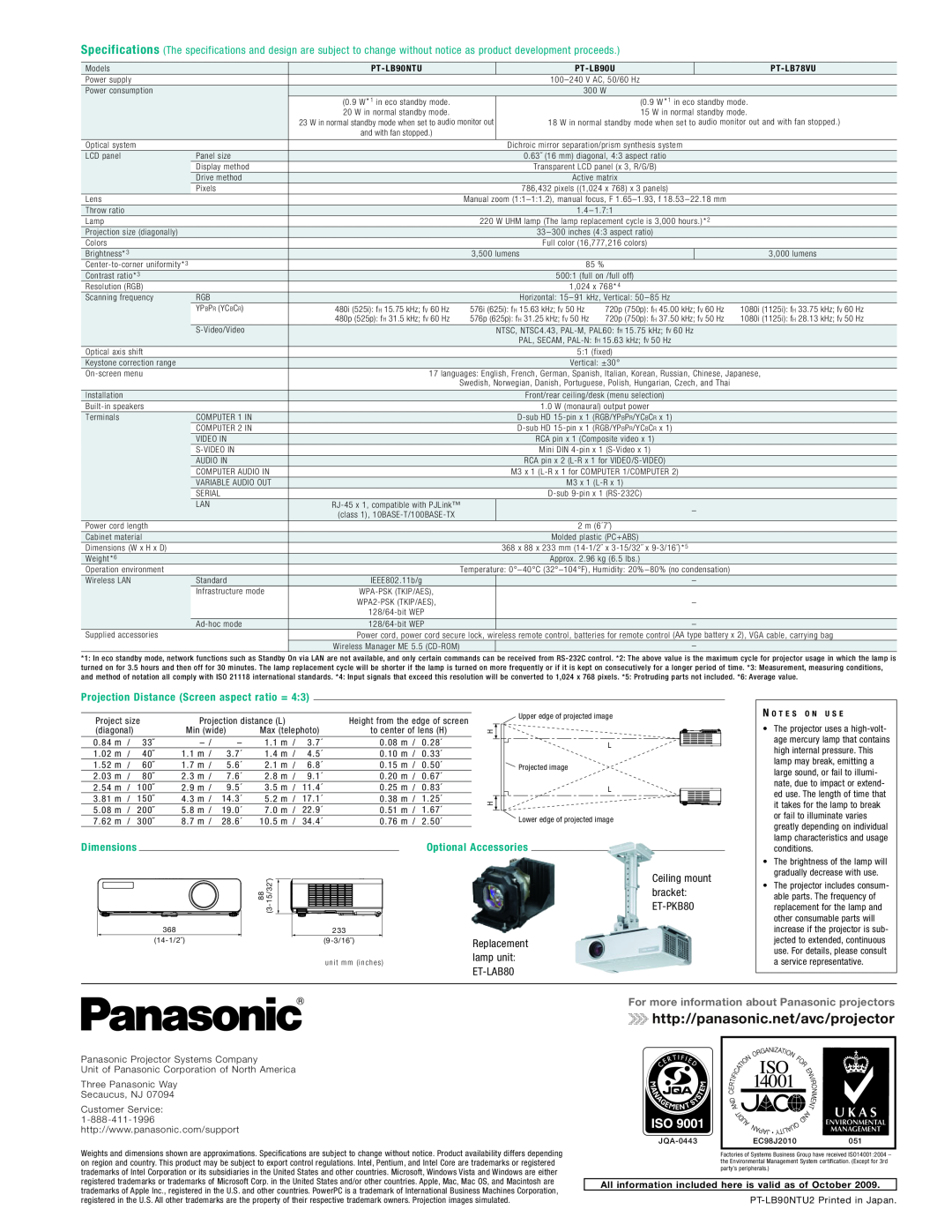 Panasonic PT-LB90 Series manual http//panasonic.net/avc/projector, Projection Distance Screen aspect ratio =, Dimensions 