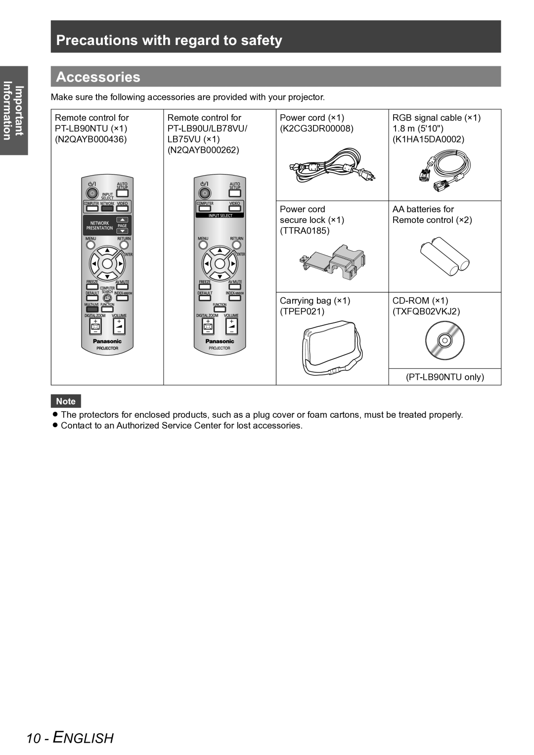 Panasonic PT-LB78VU, PT-LB90NTU, PT-LB90U, PT-LB75VU Precautions with regard to safety Accessories, TXFQB02VKJ2 