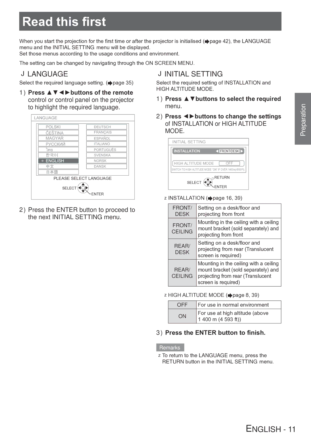 Panasonic PT-LB75VU, PT-LB90NTU, PT-LB90U Read this first, Jjlanguage, Jjinitial Setting, Press the Enter button to finish 