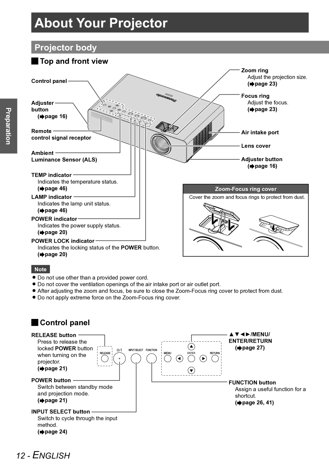 Panasonic PT-LB90NTU, PT-LB90U AboutYourYourProjectorProjector, Projector body, JJTop and front view, JJControl panel 