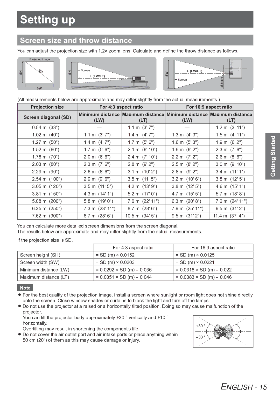 Panasonic PT-LB75VU, PT-LB90NTU, PT-LB90U, PT-LB78VU operating instructions Setting up, Screen size and throw distance 