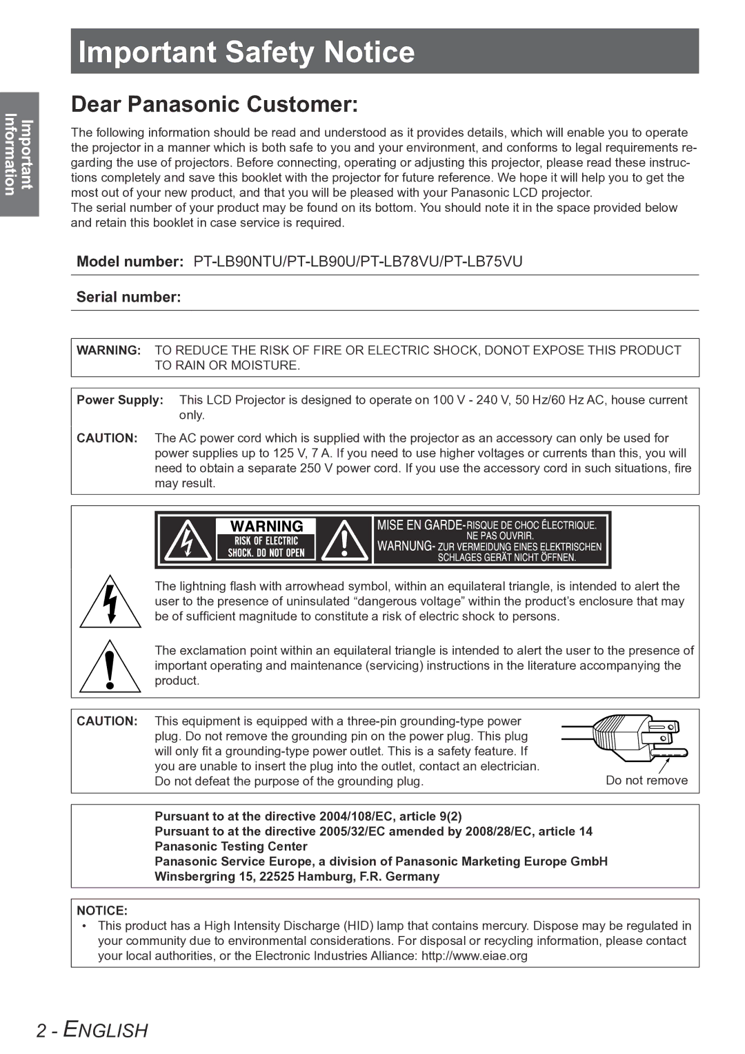 Panasonic PT-LB78VU, PT-LB90NTU, PT-LB90U, PT-LB75VU operating instructions ImportantSafetySafetyNotice Notice, Serial number 