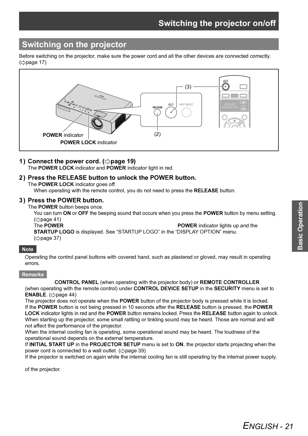 Panasonic PT-LB90U, PT-LB90NTU Switching the projector on/off Switching on the projector, Connect the power cord. Æpage 