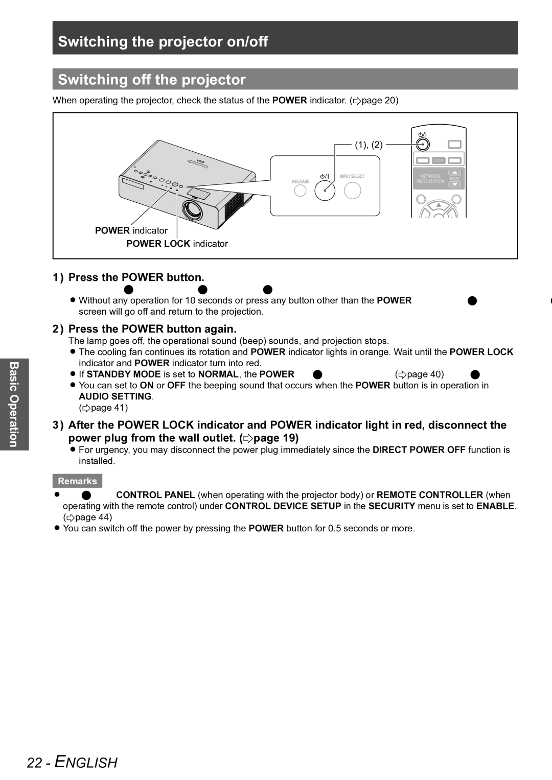 Panasonic PT-LB78VU, PT-LB90NTU Switching the projector on/off Switching off the projector, Press the Power button again 