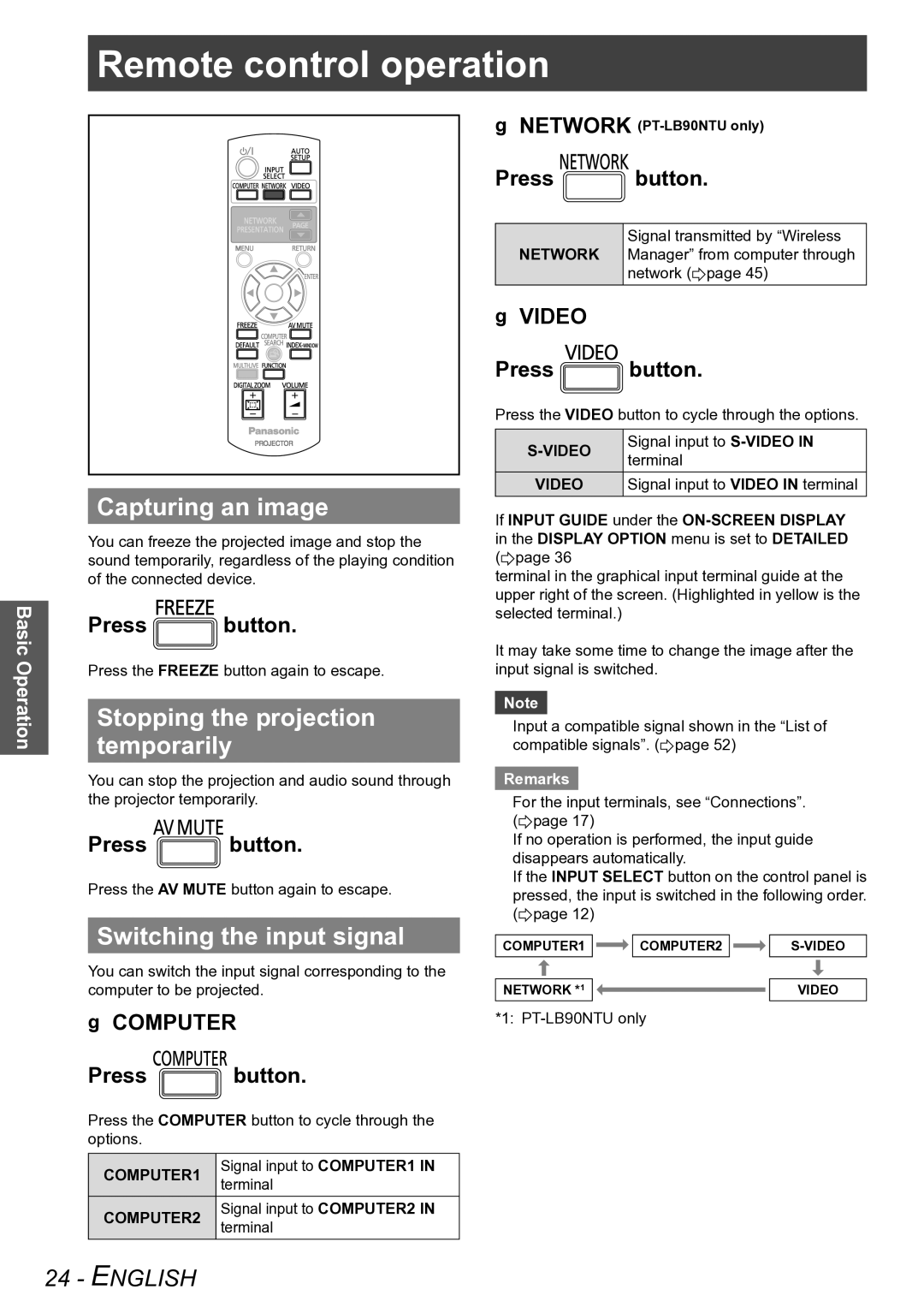 Panasonic PT-LB90NTU Remotecontrolcontrolope ationoperation, Capturing an image, Stopping the projection temporarily 