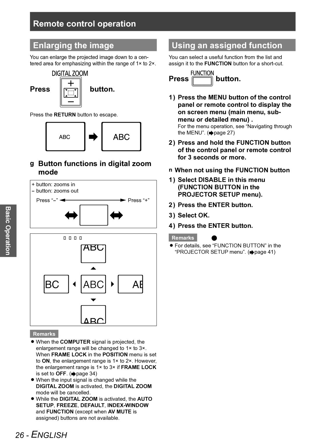 Panasonic PT-LB78VU, PT-LB90NTU, PT-LB90U JJButton functions in digital zoom mode, Press the Enter button Select OK 