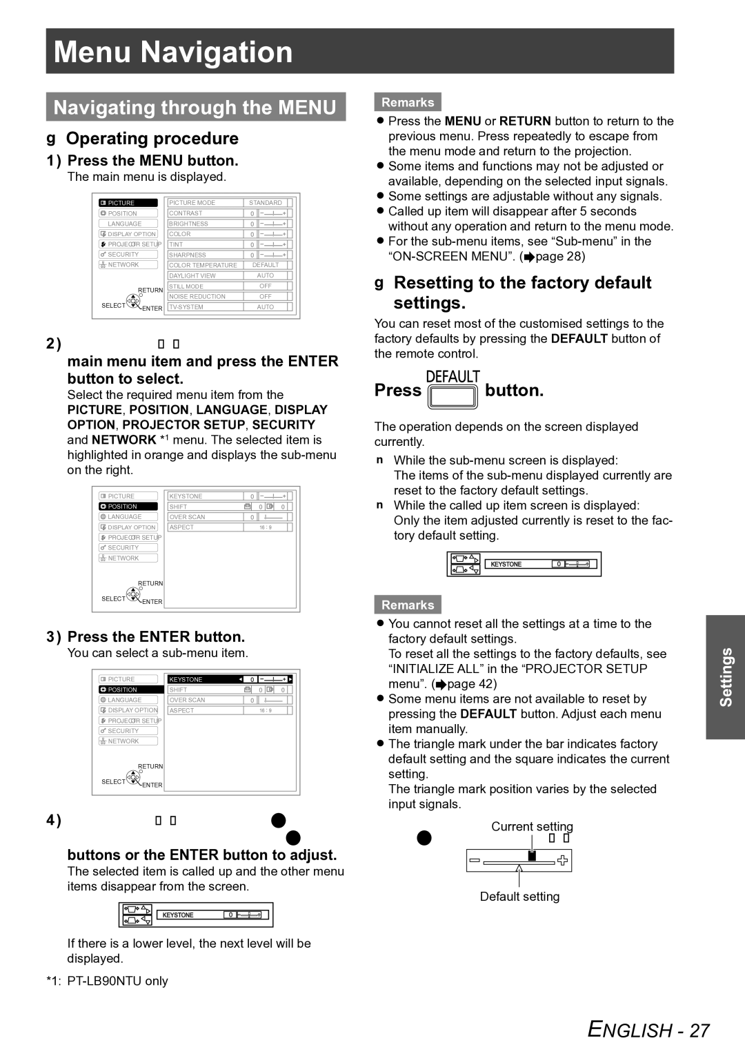 Panasonic PT-LB75VU, PT-LB90NTU, PT-LB90U, PT-LB78VU Menu Navigation, Navigating through the Menu, JJOperating procedure 