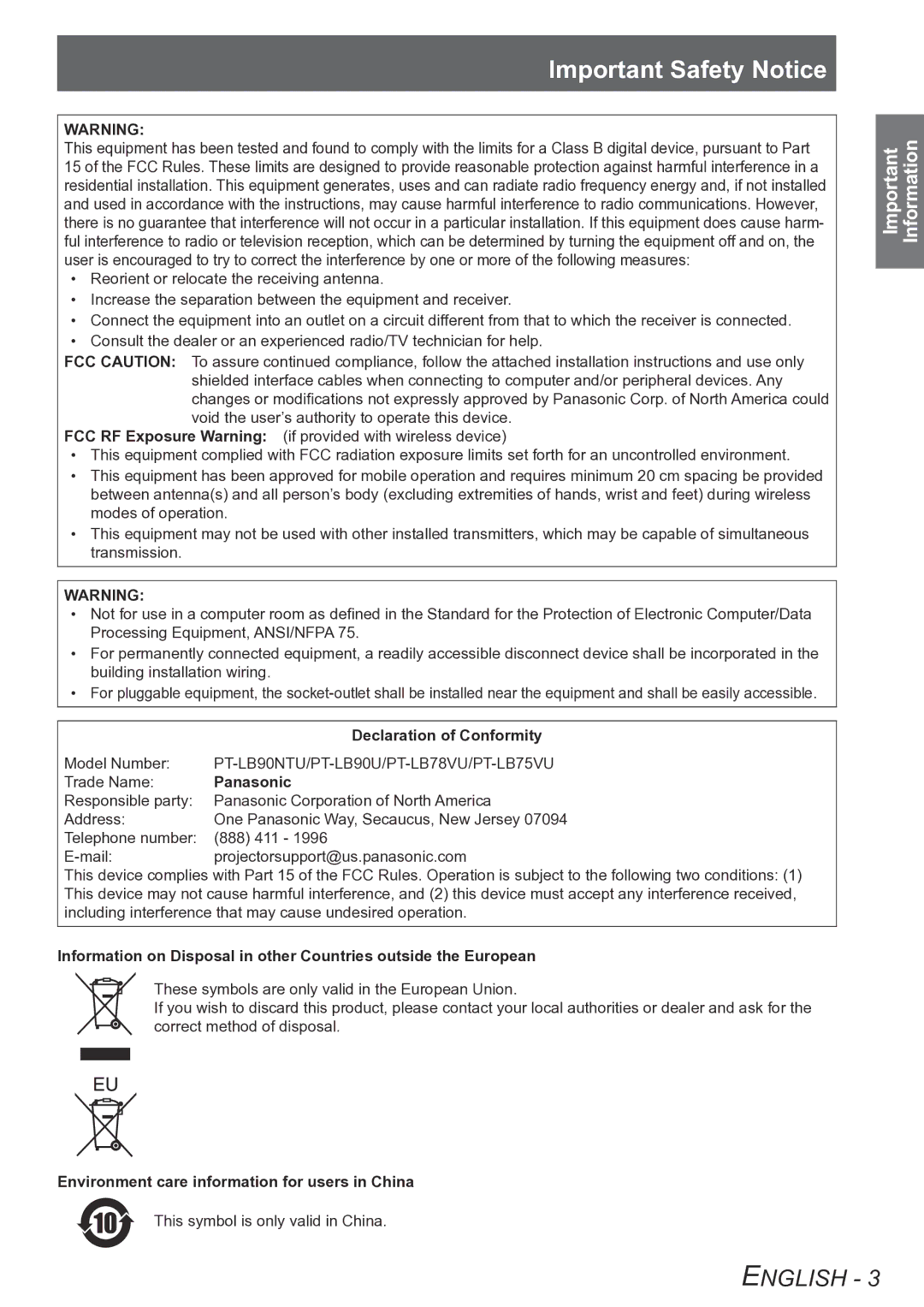 Panasonic PT-LB75VU, PT-LB90NTU, PT-LB90U, PT-LB78VU Important Safety Notice, Declaration of Conformity, Panasonic 