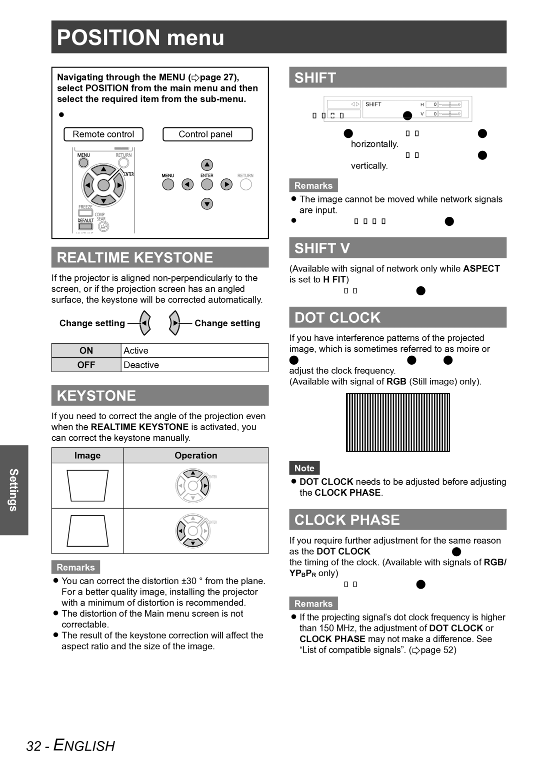 Panasonic PT-LB90NTU, PT-LB90U, PT-LB78VU, PT-LB75VU operating instructions Realtime Keystone, Shift, DOT Clock, Clock Phase 