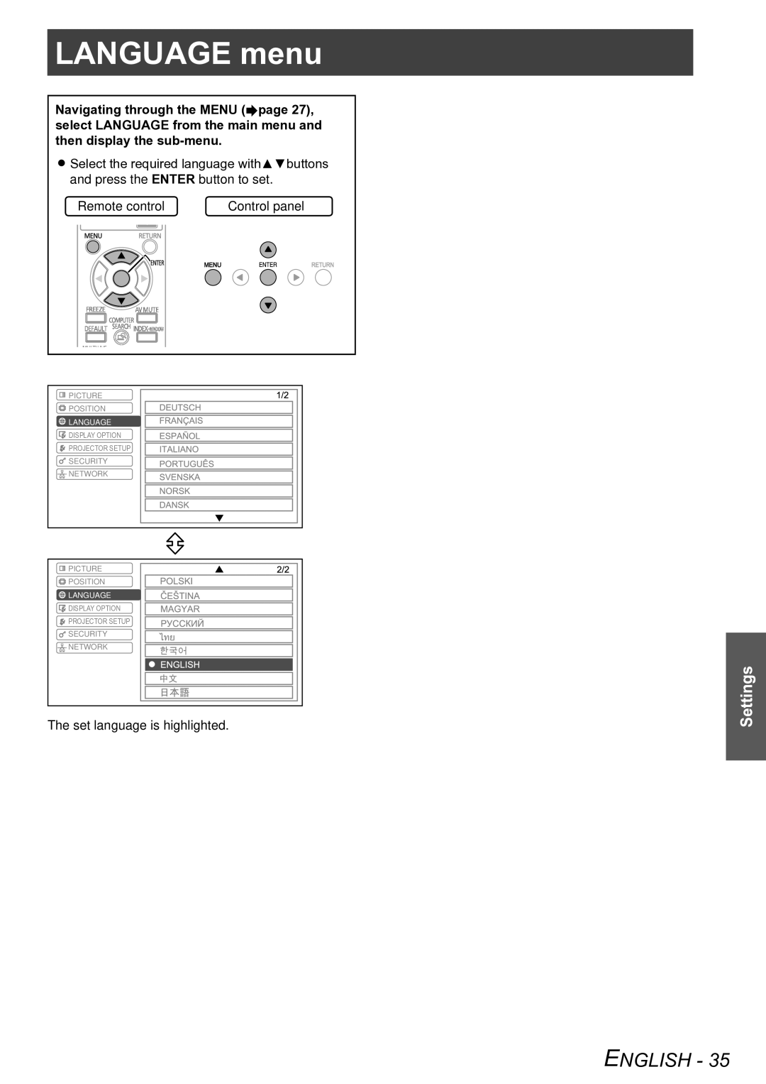 Panasonic PT-LB75VU, PT-LB90NTU, PT-LB90U, PT-LB78VU operating instructions Language menu 