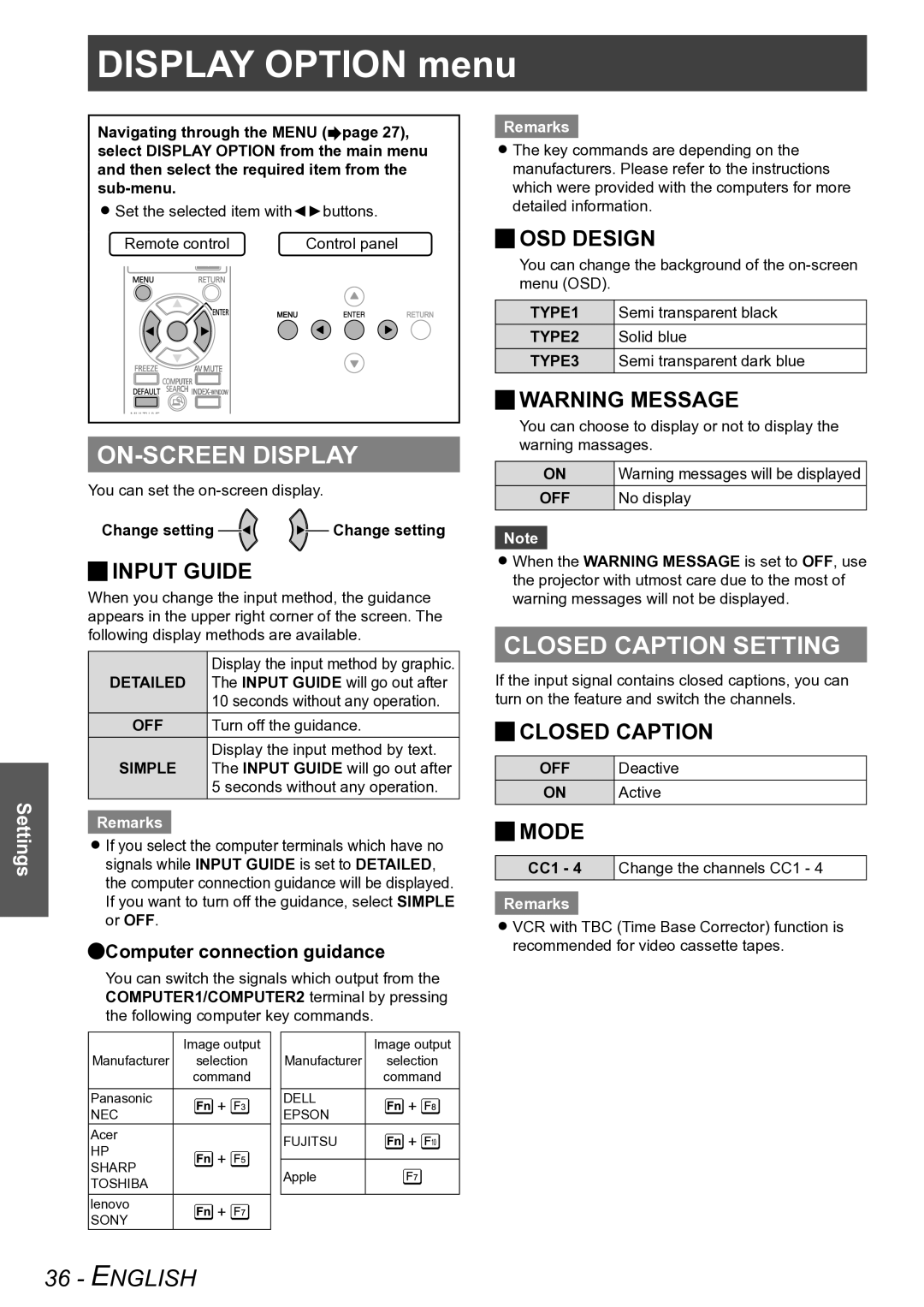 Panasonic PT-LB90NTU, PT-LB90U, PT-LB78VU, PT-LB75VU DISPLAYOPTIOPTIONmenu menu, ON-SCREEN Display, Closed Caption Setting 