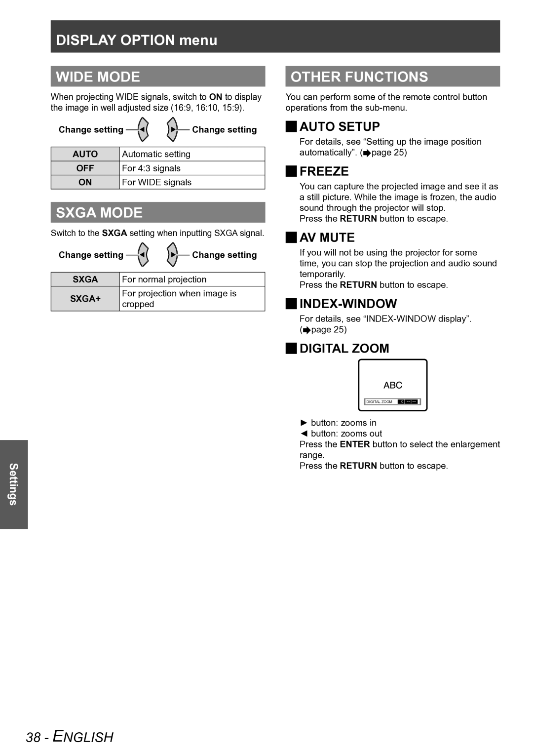 Panasonic PT-LB78VU, PT-LB90NTU, PT-LB90U, PT-LB75VU operating instructions Wide Mode, Sxga Mode, Other Functions 