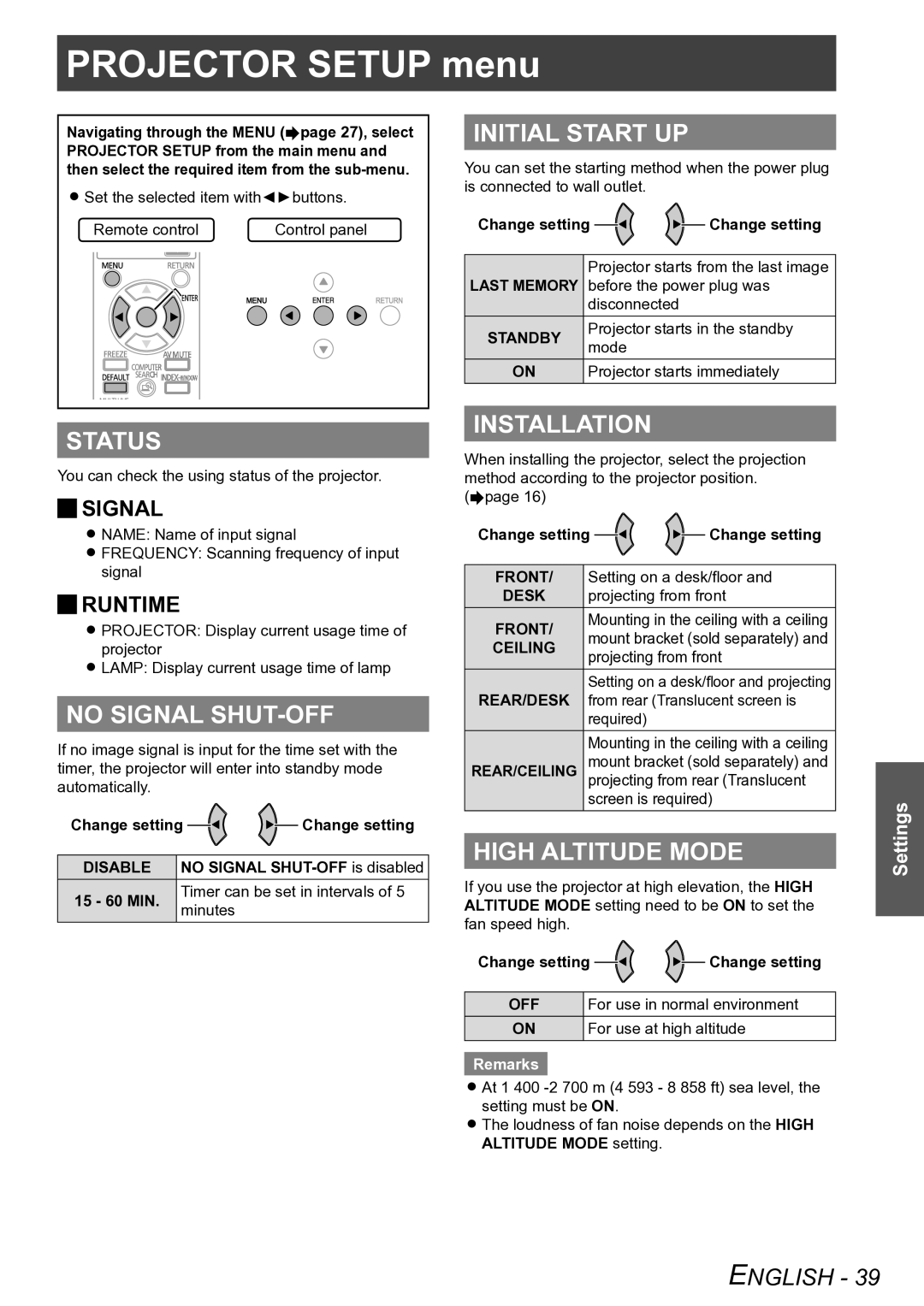 Panasonic PT-LB75VU, PT-LB90NTU, PT-LB90U, PT-LB78VU operating instructions Projector Setup menuPROJECTOR Setup menu 