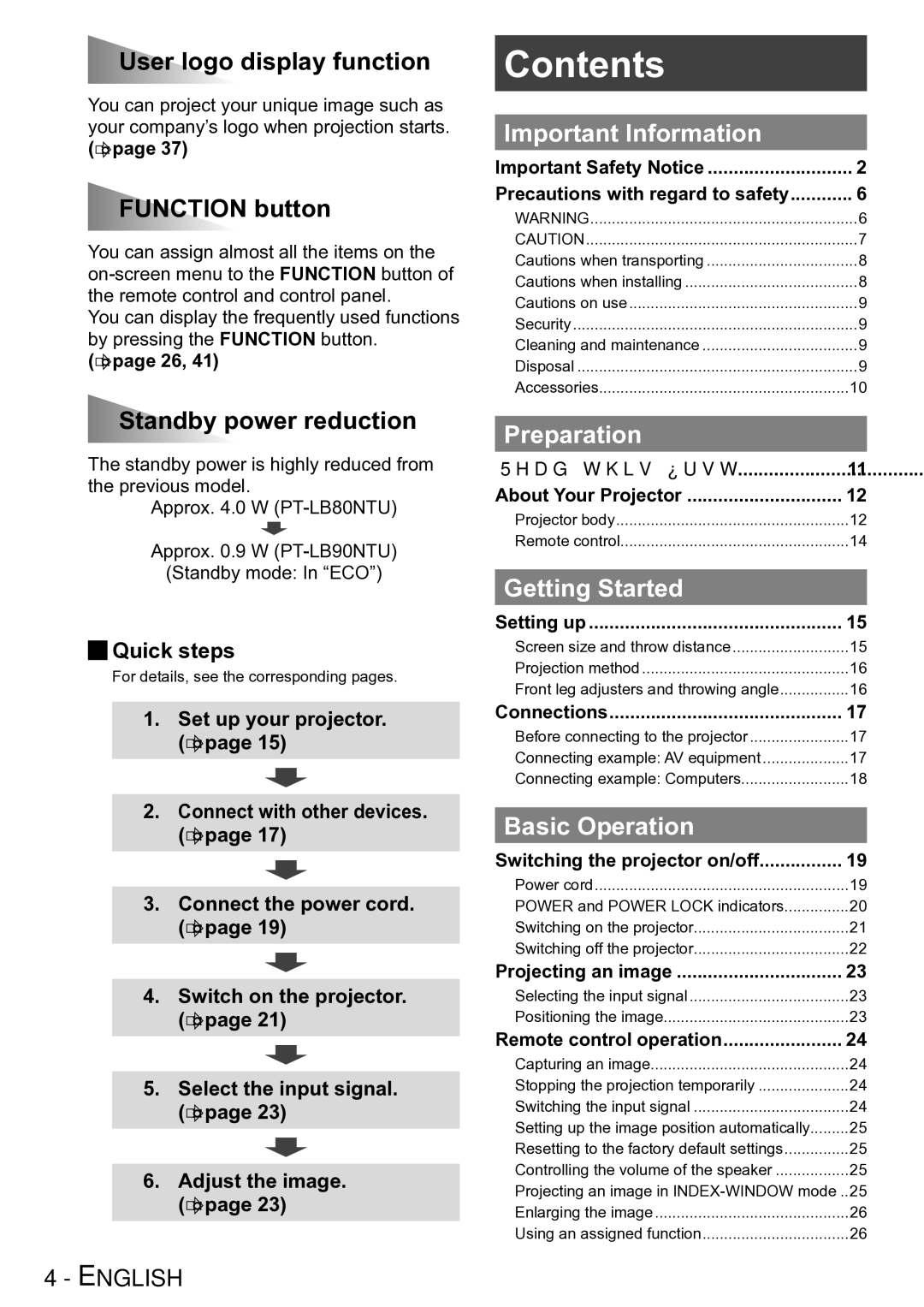 Panasonic PT-LB90NTU, PT-LB90U, PT-LB78VU, PT-LB75VU operating instructions Contents 