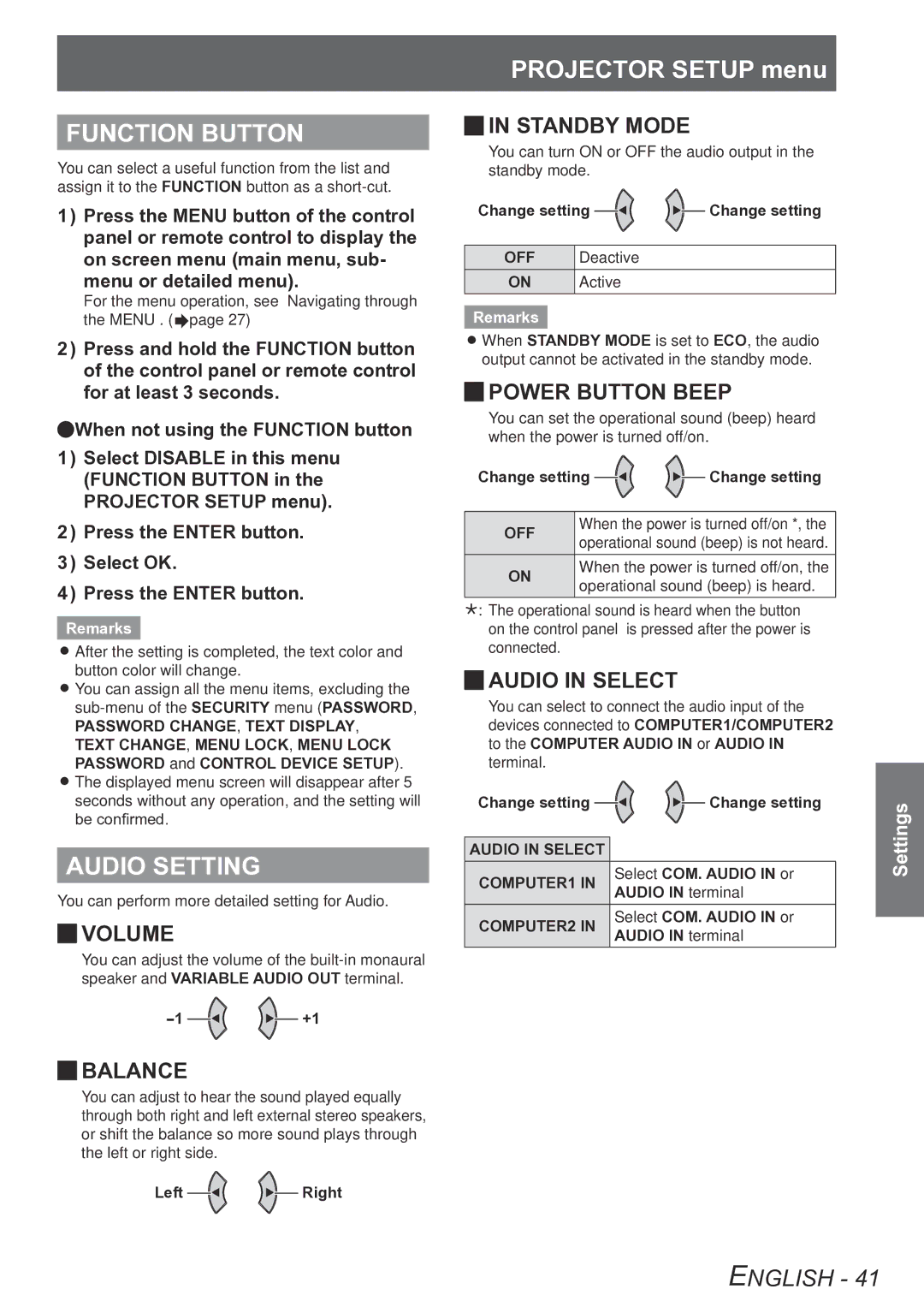 Panasonic PT-LB90U, PT-LB90NTU, PT-LB78VU, PT-LB75VU operating instructions Function Button, Audio Setting 