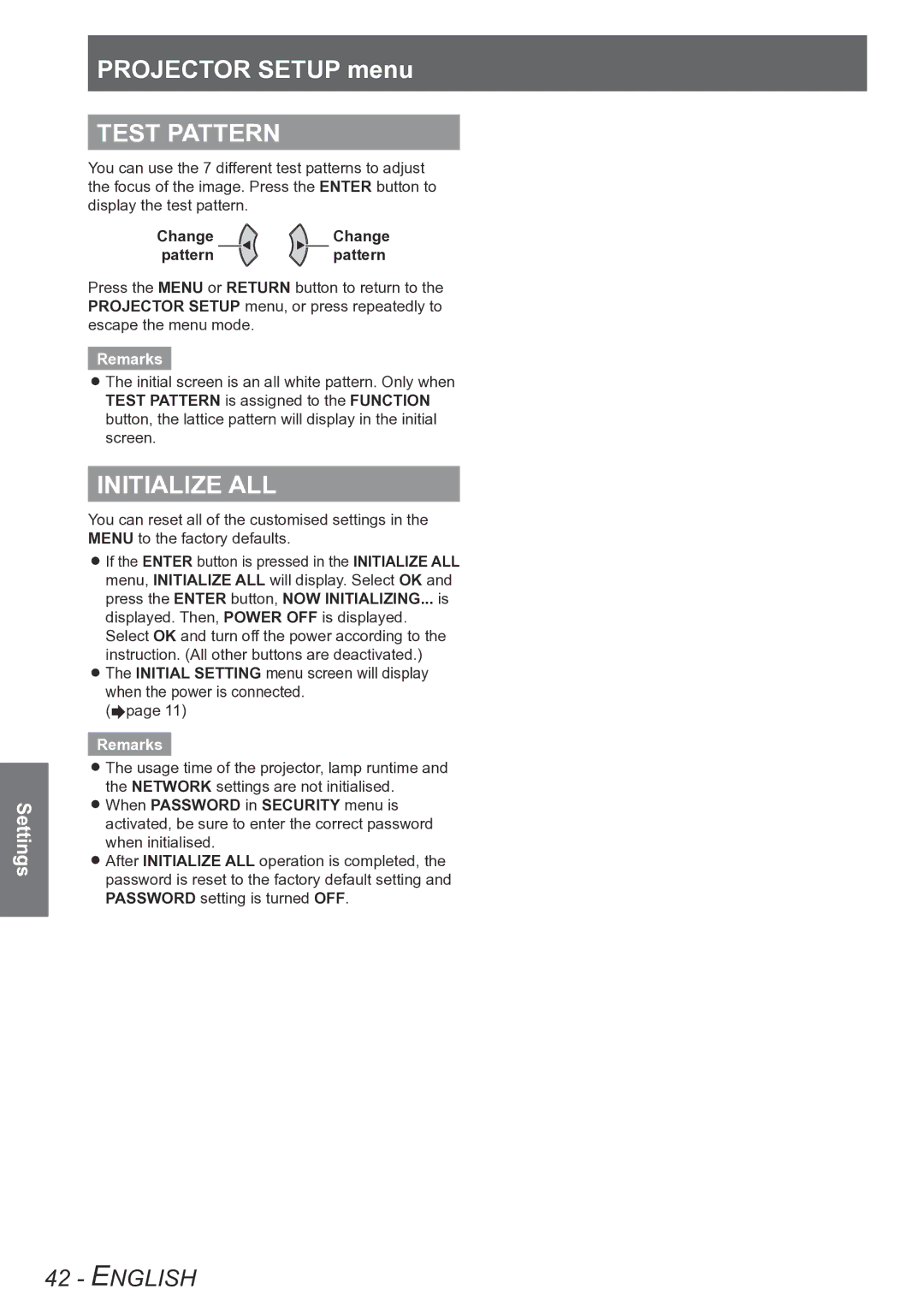 Panasonic PT-LB78VU, PT-LB90NTU, PT-LB90U, PT-LB75VU operating instructions Test Pattern, Initialize ALL, Change Pattern 