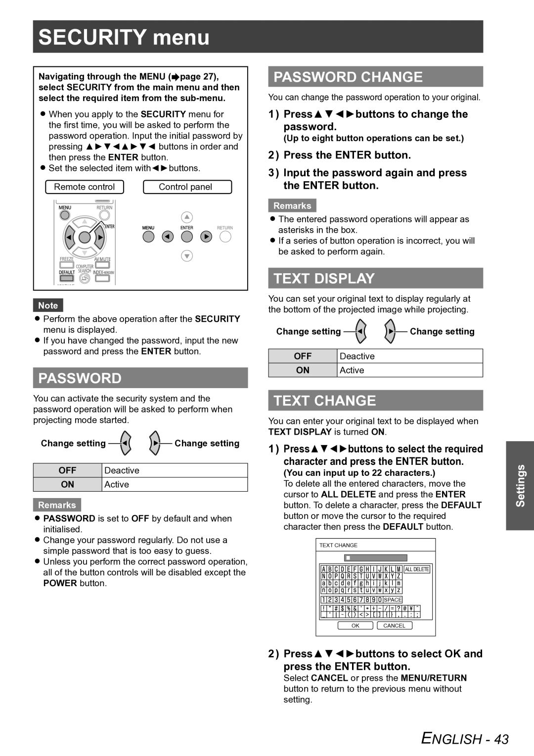 Panasonic PT-LB75VU, PT-LB90NTU, PT-LB90U, PT-LB78VU Security menu, Password Change, Text Display, Text Change 