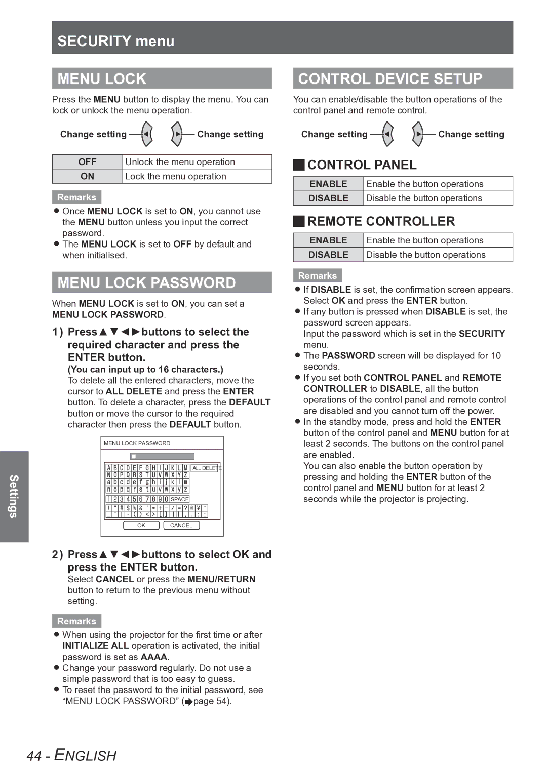 Panasonic PT-LB90NTU, PT-LB90U, PT-LB78VU Menu Lock Password, Control Device Setup, Jjcontrol Panel, Remote Controller 