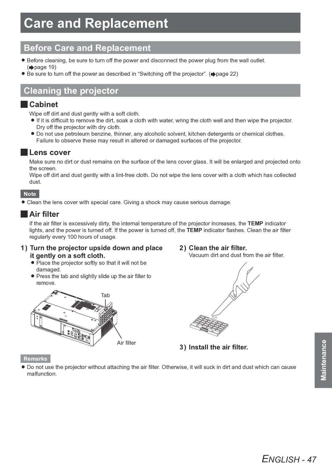 Panasonic PT-LB75VU, PT-LB90NTU, PT-LB90U, PT-LB78VU Before Care and Replacement, Cleaning the projector 