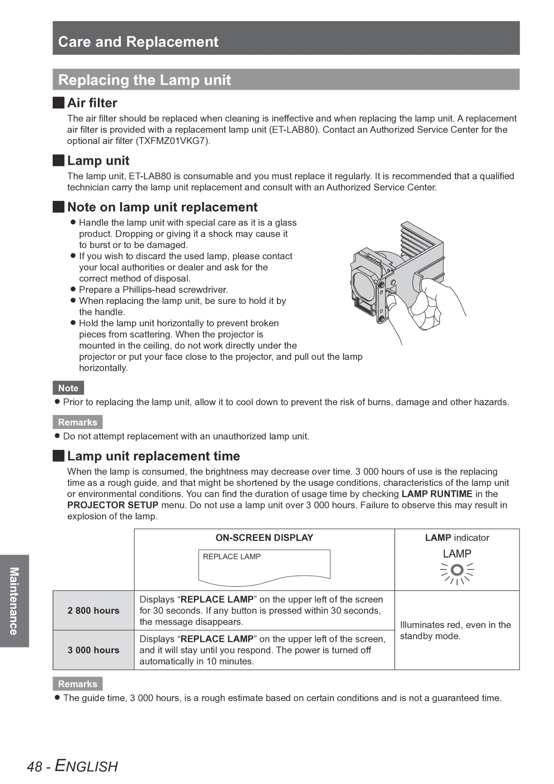 Panasonic PT-LB90NTU, PT-LB90U Care and Replacement Replacing the Lamp unit, JJLamp unit, JJNote on lamp unit replacement 