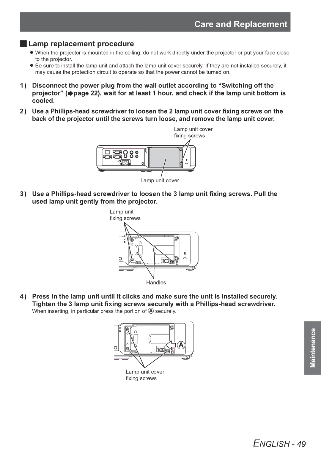 Panasonic PT-LB90U, PT-LB90NTU, PT-LB78VU, PT-LB75VU operating instructions JJLamp replacement procedure 