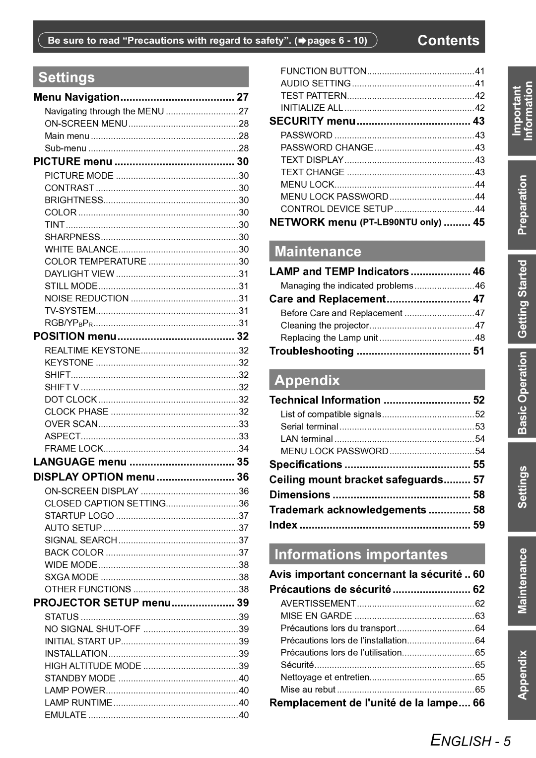 Panasonic PT-LB90U, PT-LB90NTU, PT-LB78VU, PT-LB75VU Contents, Settings, Maintenance, Appendix, Informations importantes 