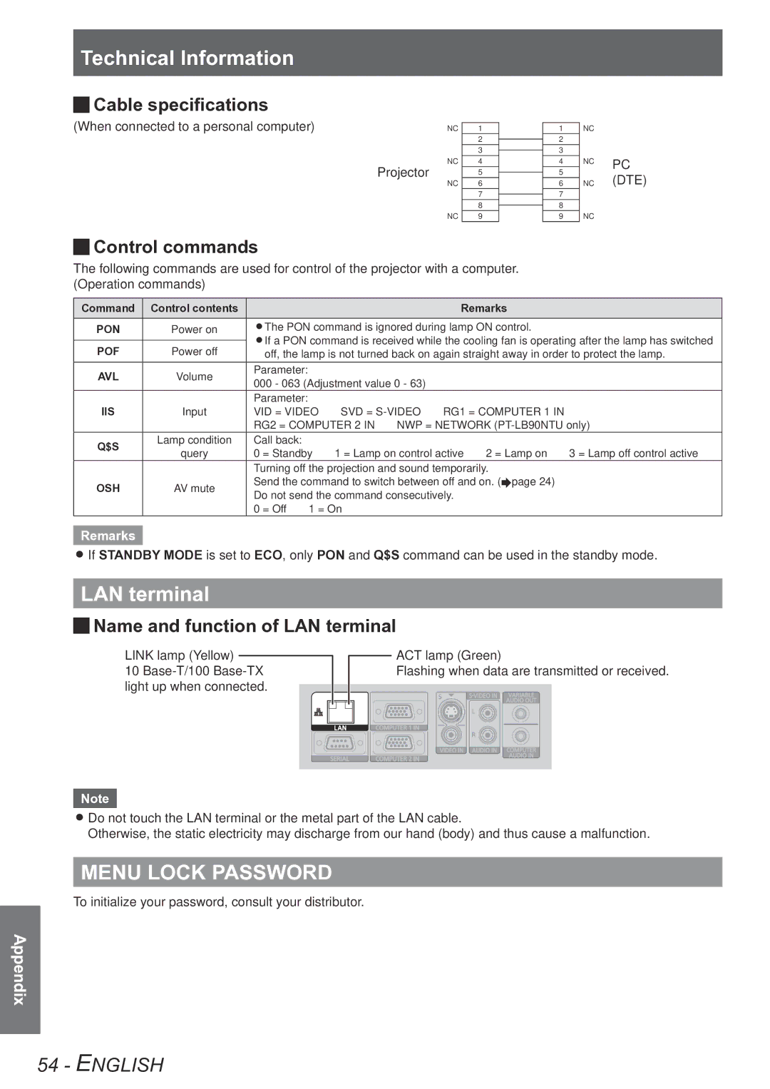 Panasonic PT-LB78VU, PT-LB90NTU, PT-LB90U Technical Information, LAN terminal, Cable specifications, Control commands 