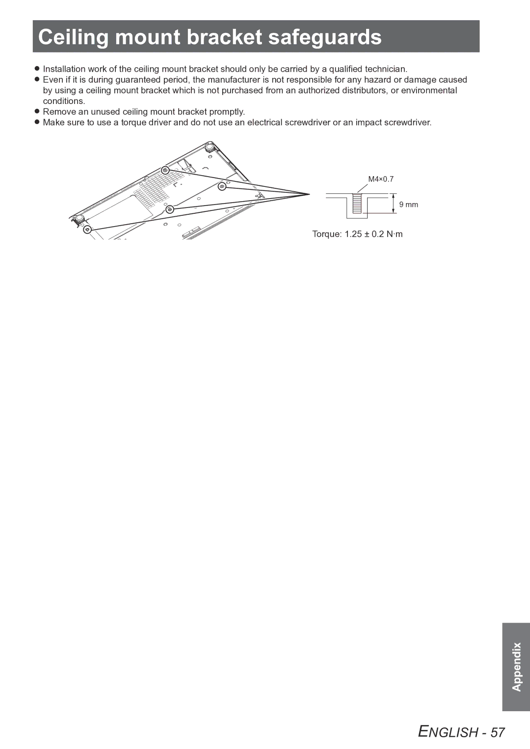 Panasonic PT-LB90U, PT-LB90NTU, PT-LB78VU, PT-LB75VU operating instructions Ceiling mount bracket safeguards 