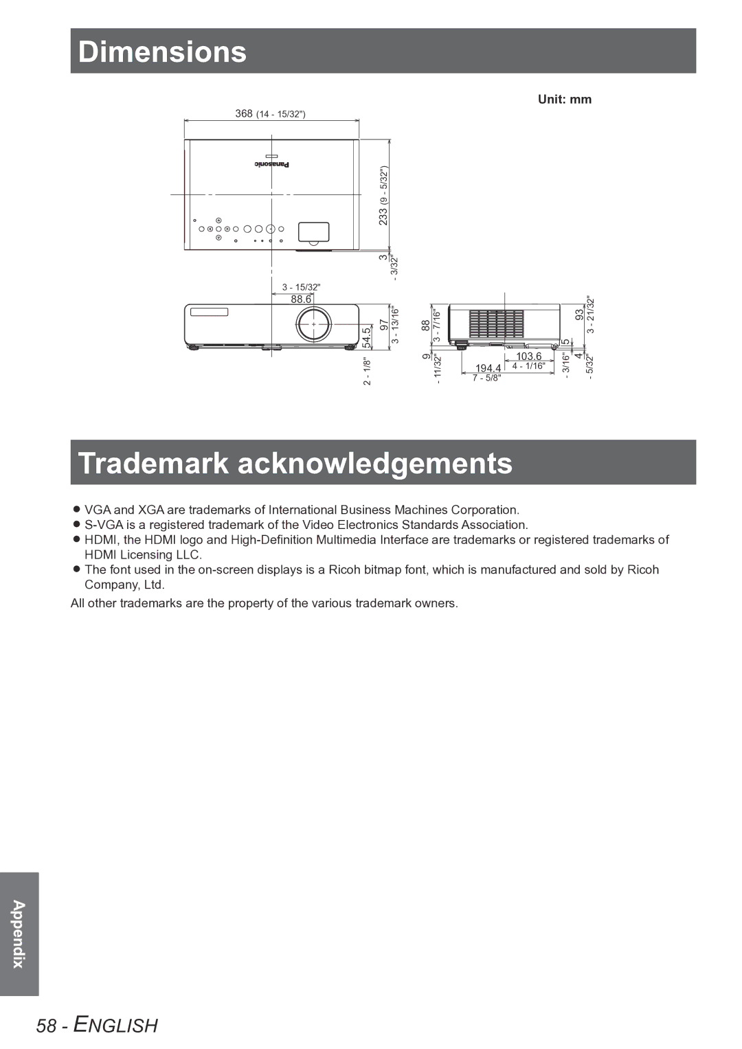 Panasonic PT-LB78VU, PT-LB90NTU, PT-LB90U, PT-LB75VU operating instructions Trademark acknowledgements, Dimensions, Unit mm 