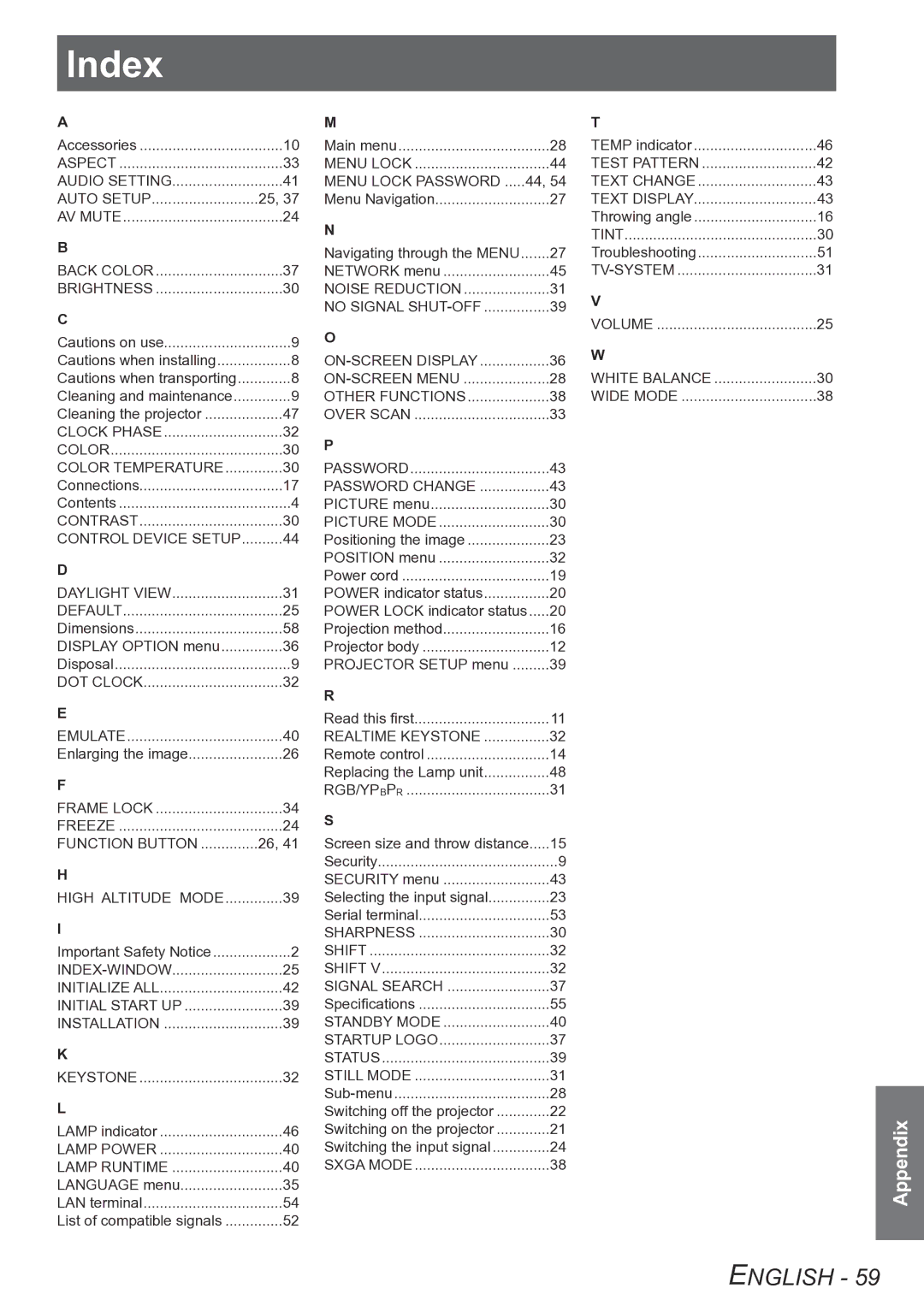 Panasonic PT-LB75VU, PT-LB90NTU, PT-LB90U, PT-LB78VU operating instructions Index 