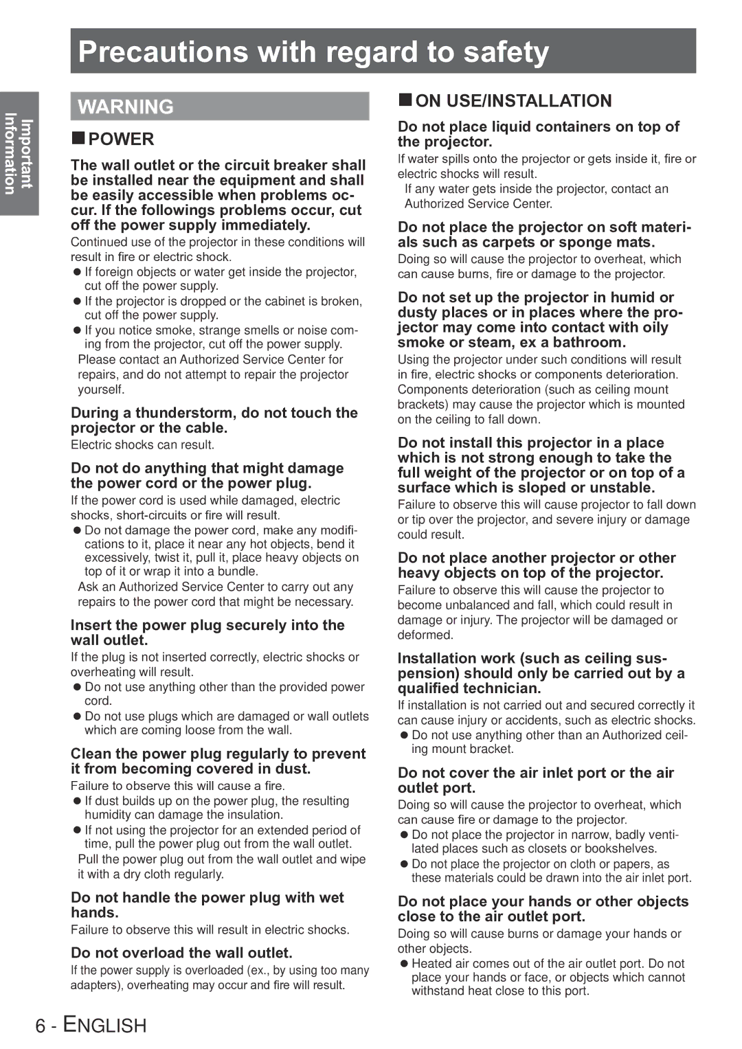 Panasonic PT-LB78VU, PT-LB90NTU, PT-LB90U, PT-LB75VU operating instructions Precautionswith regardwithtoregardsafety to safety 