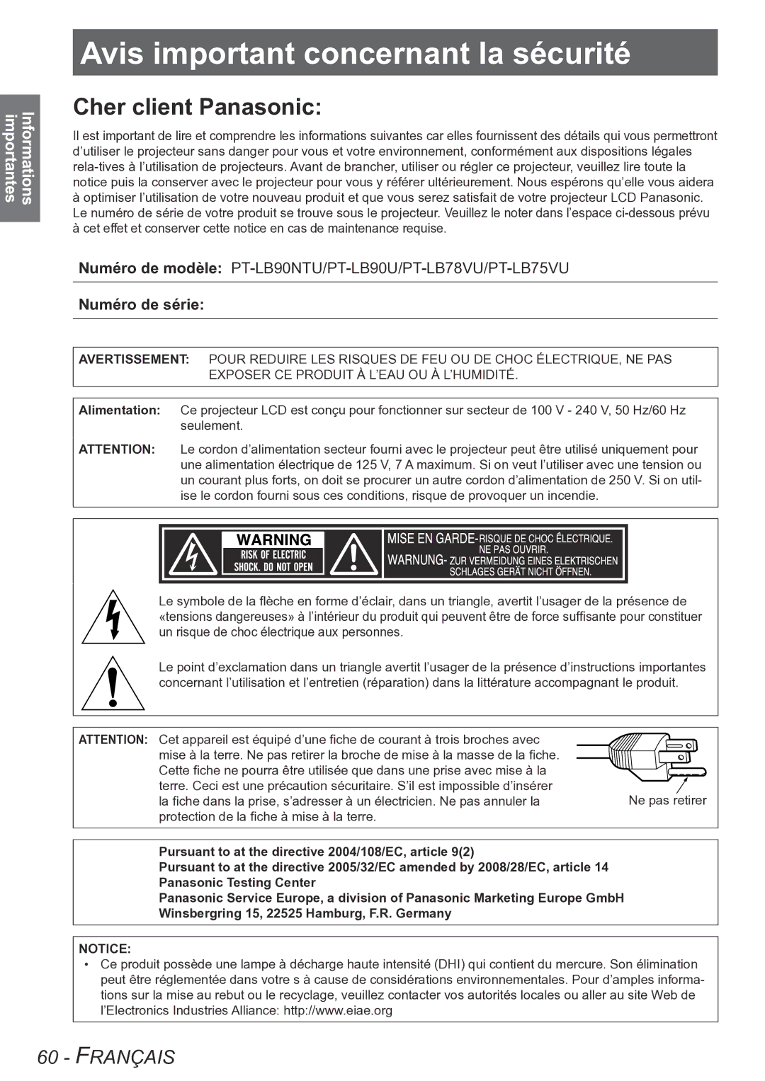 Panasonic PT-LB90NTU, PT-LB90U, PT-LB78VU Avisimportantconcernantconcernantla sécurité la sécurité, Numéro de série 