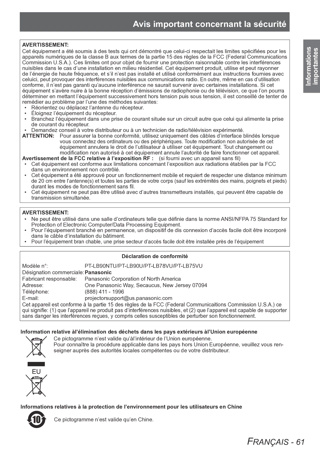 Panasonic PT-LB90U, PT-LB90NTU, PT-LB78VU Avis important concernant la sécurité, Avertissement, Déclaration de conformité 