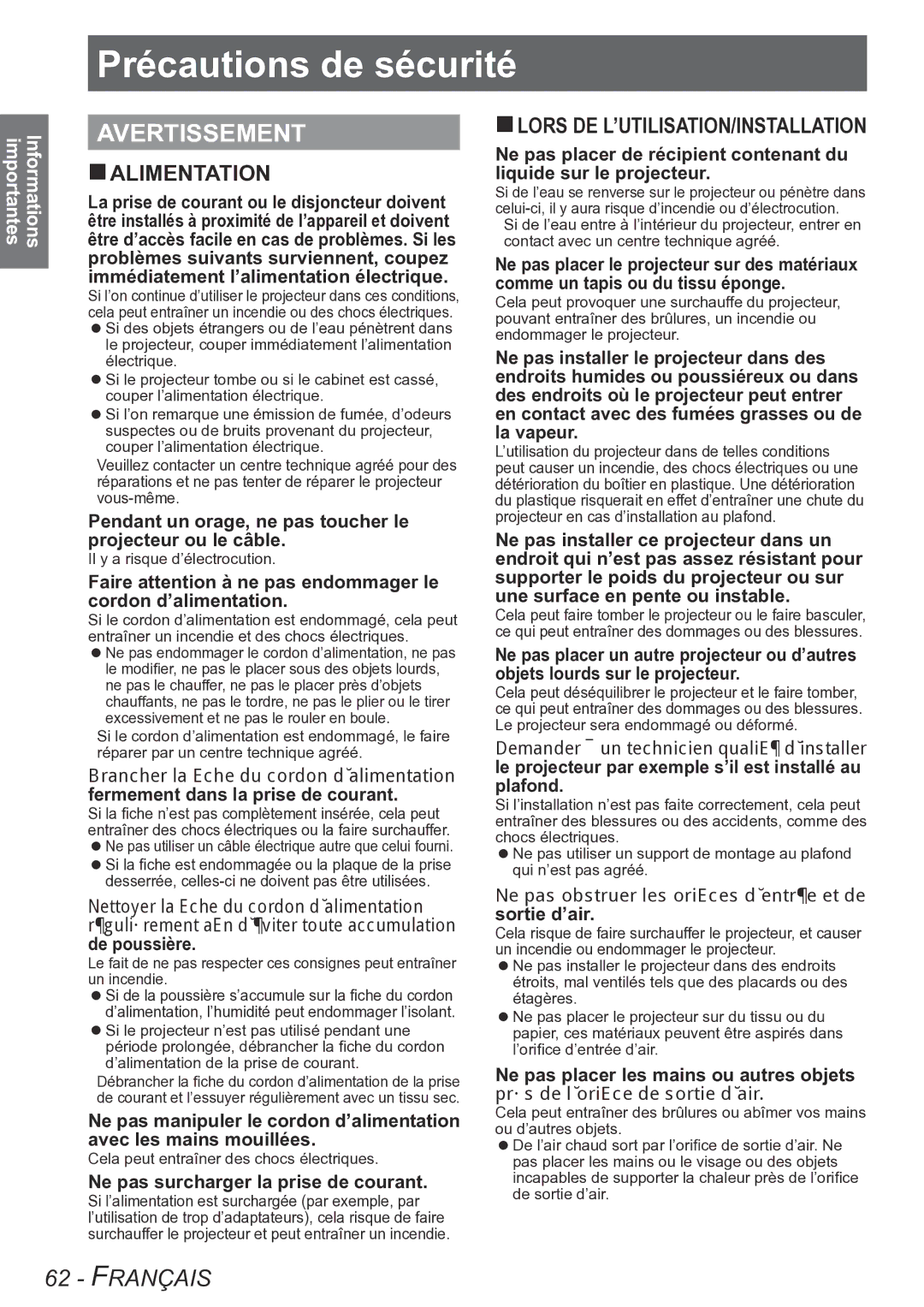 Panasonic PT-LB78VU Précautions de sécurité, Avertissement, Pendant un orage, ne pas toucher le projecteur ou le câble 