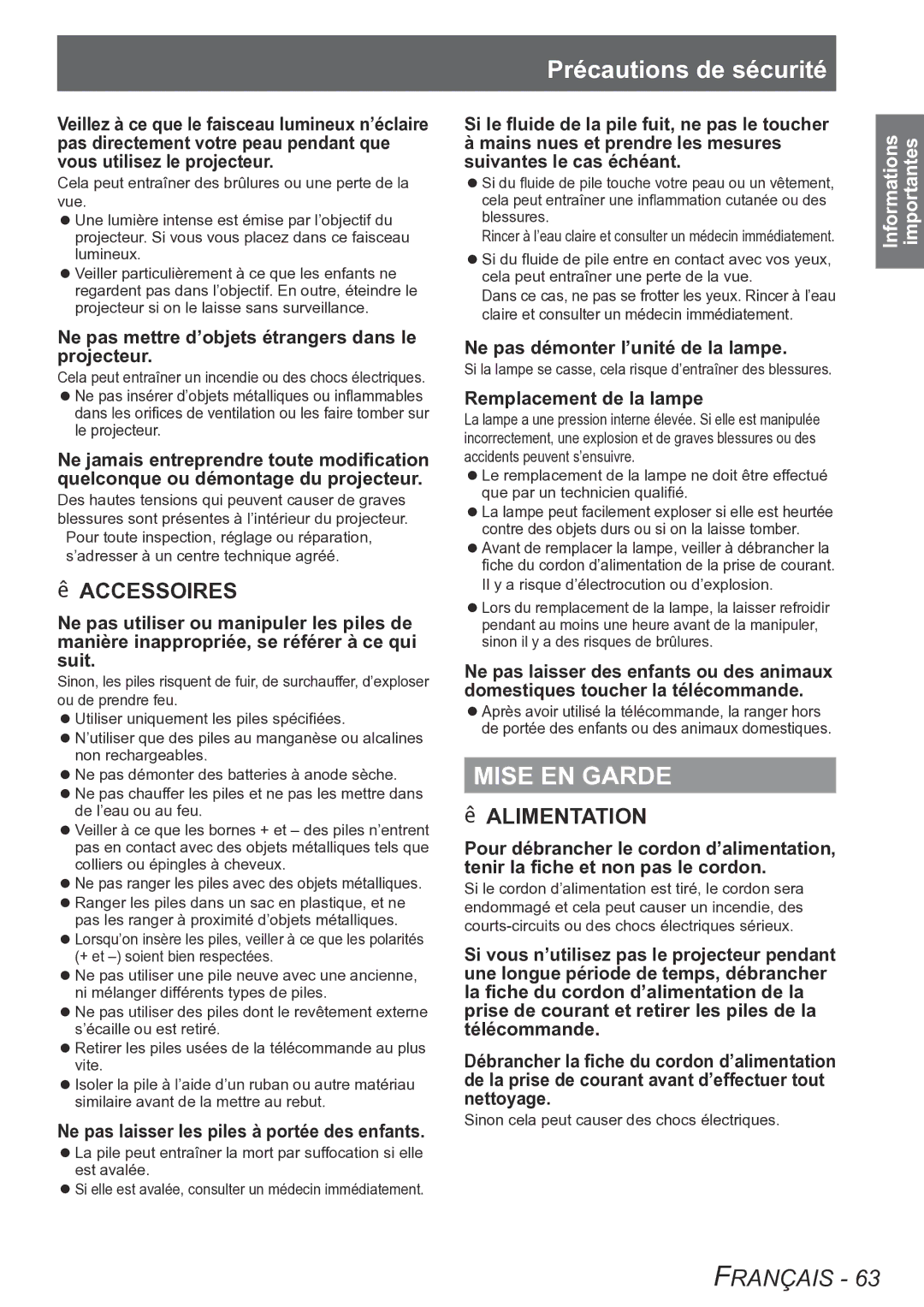 Panasonic PT-LB75VU, PT-LB90NTU, PT-LB90U, PT-LB78VU operating instructions Précautions de sécurité, Mise EN Garde 