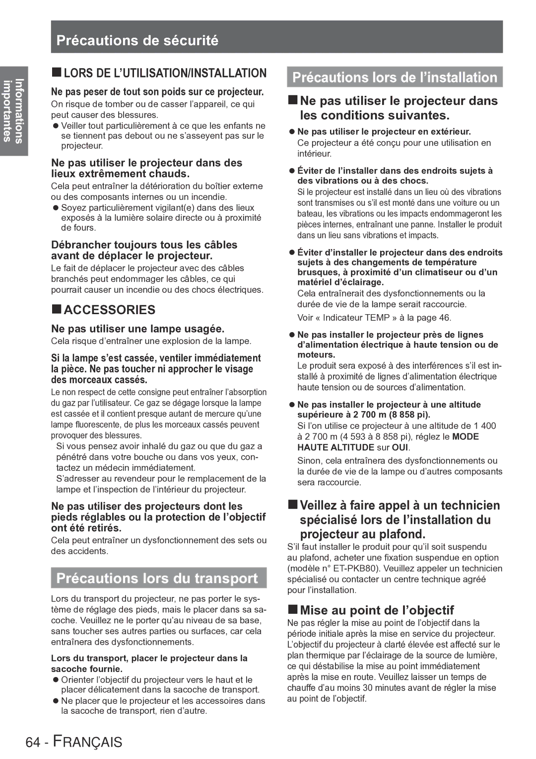 Panasonic PT-LB90NTU Précautions lors du transport, Précautions lors de l’installation, Ne pas utiliser une lampe usagée 