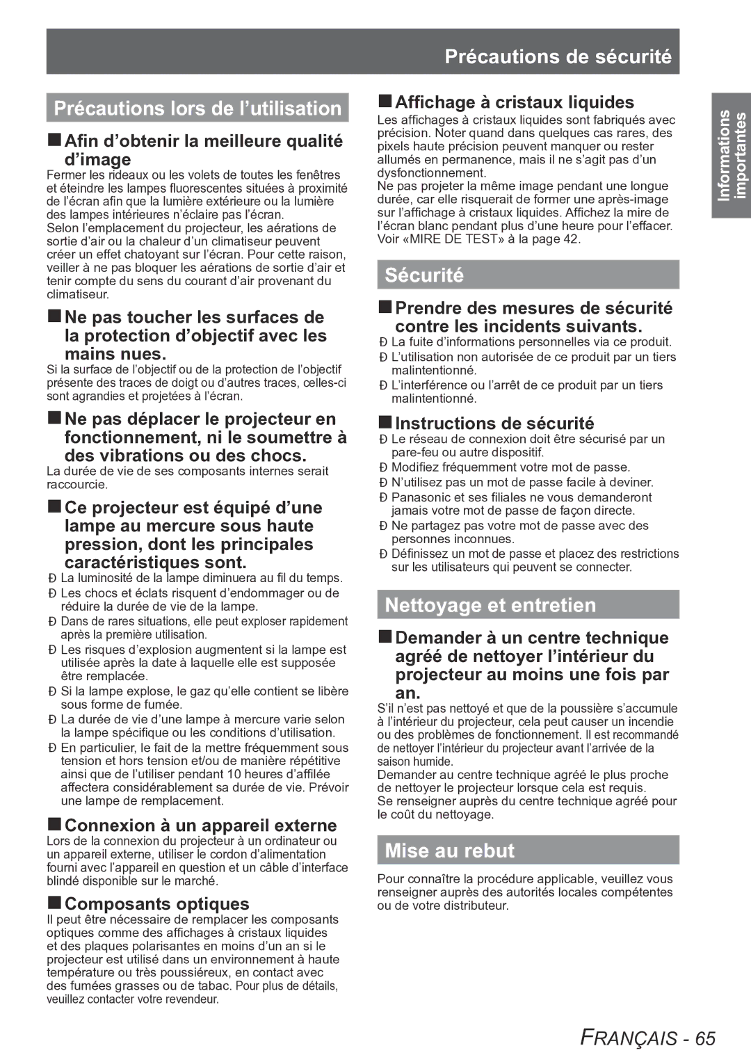 Panasonic PT-LB90U, PT-LB90NTU Précautions lors de l’utilisation, Sécurité, Nettoyage et entretien, Mise au rebut 