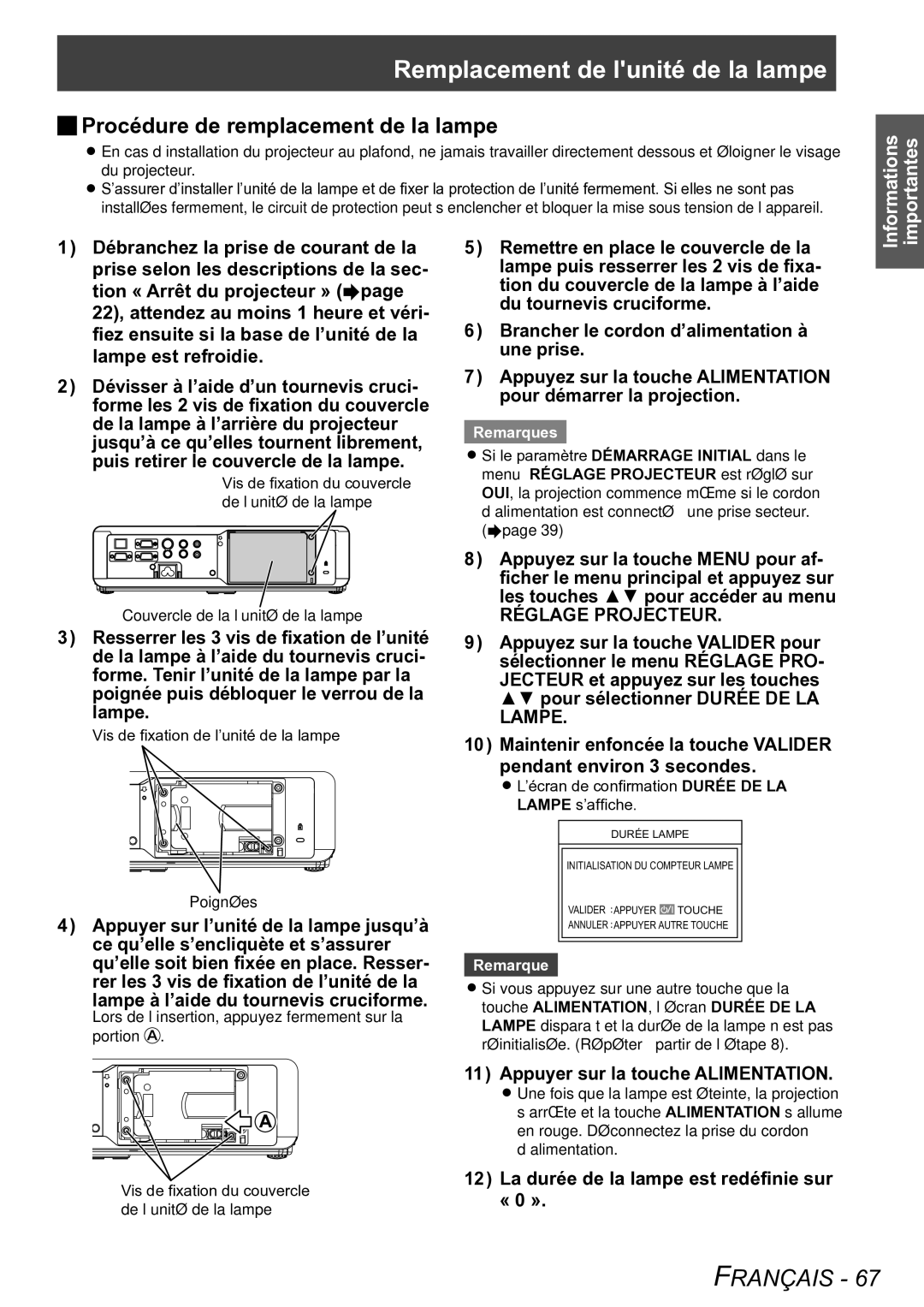 Panasonic PT-LB75VU, PT-LB90NTU, PT-LB90U Remplacement de lunité de la lampe, JJProcédure de remplacement de la lampe 