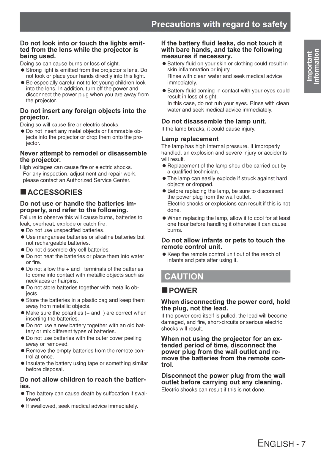 Panasonic PT-LB75VU, PT-LB90NTU, PT-LB90U, PT-LB78VU operating instructions Precautions with regard to safety 