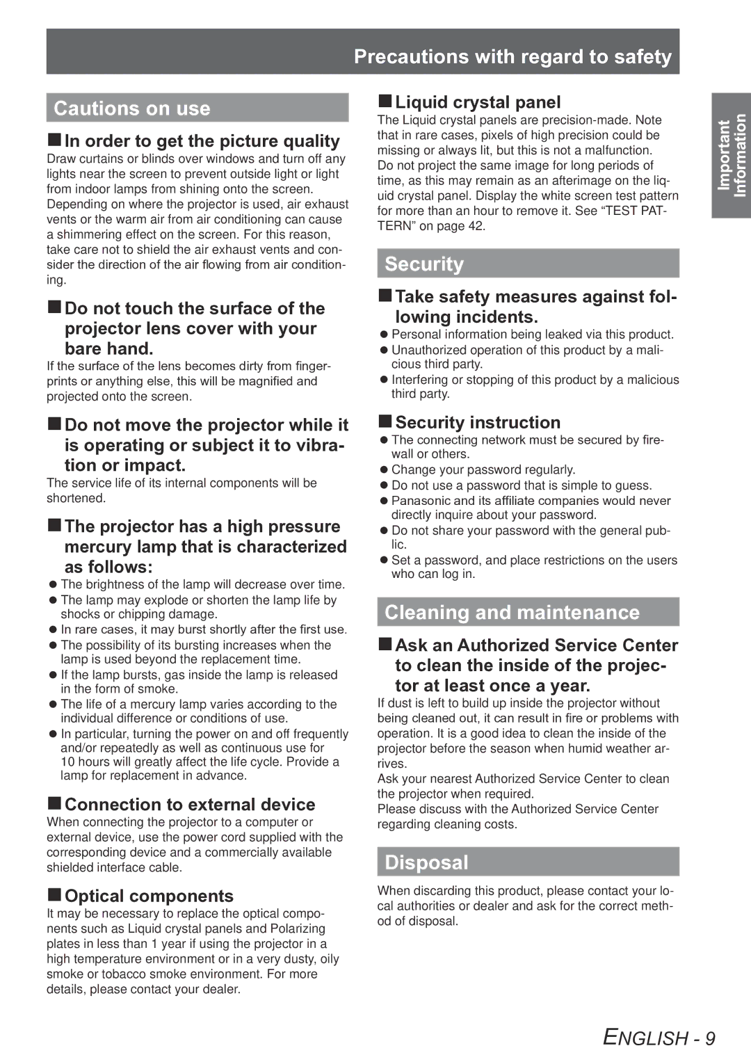 Panasonic PT-LB90U, PT-LB90NTU, PT-LB78VU, PT-LB75VU operating instructions Security, Cleaning and maintenance, Disposal 