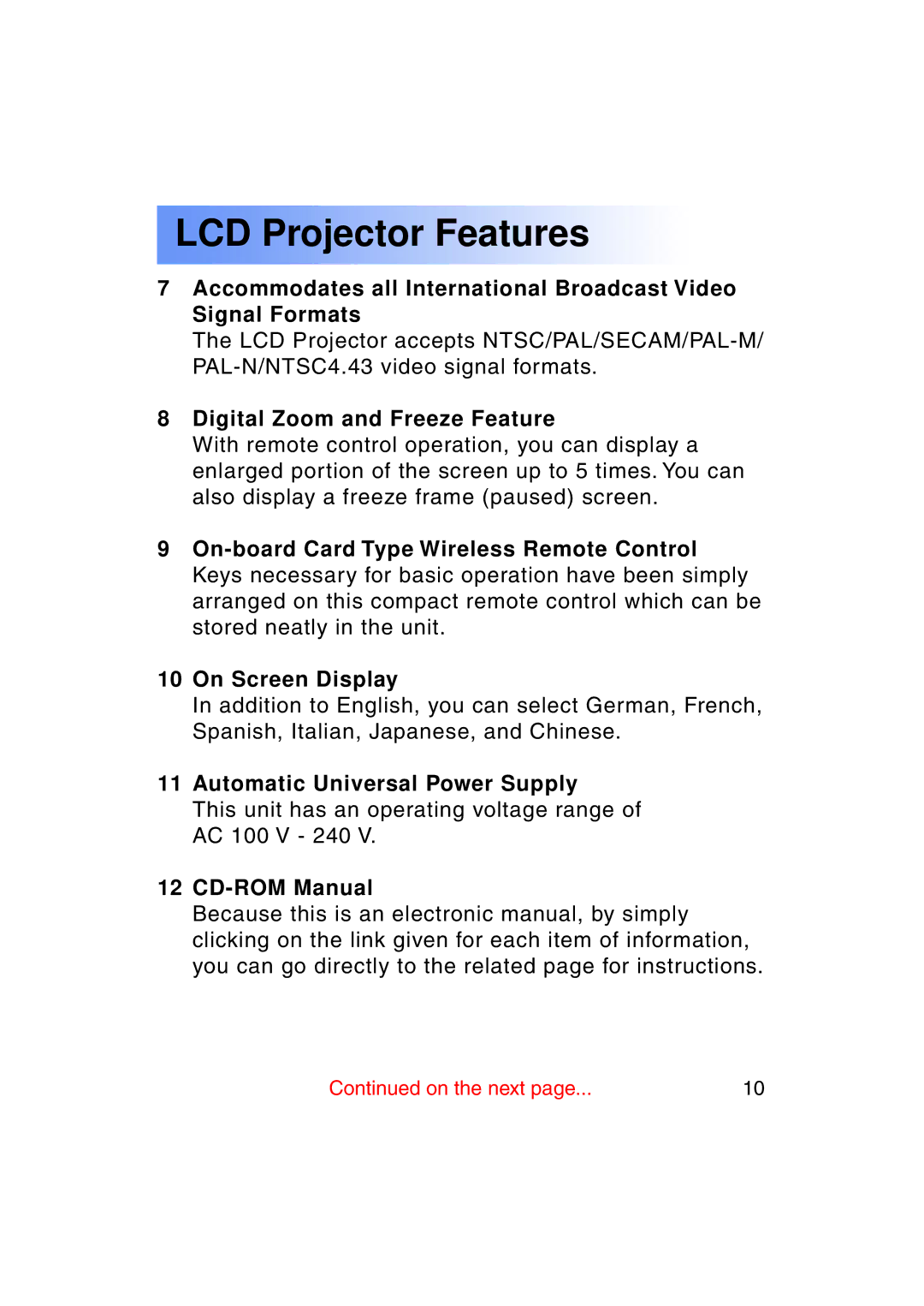 Panasonic PT-LC50U manual Digital Zoom and Freeze Feature, Automatic Universal Power Supply, CD-ROM Manual 