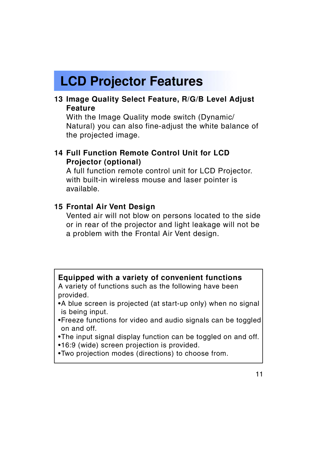 Panasonic PT-LC50U manual Image Quality Select Feature, R/G/B Level Adjust Feature, Frontal Air Vent Design 