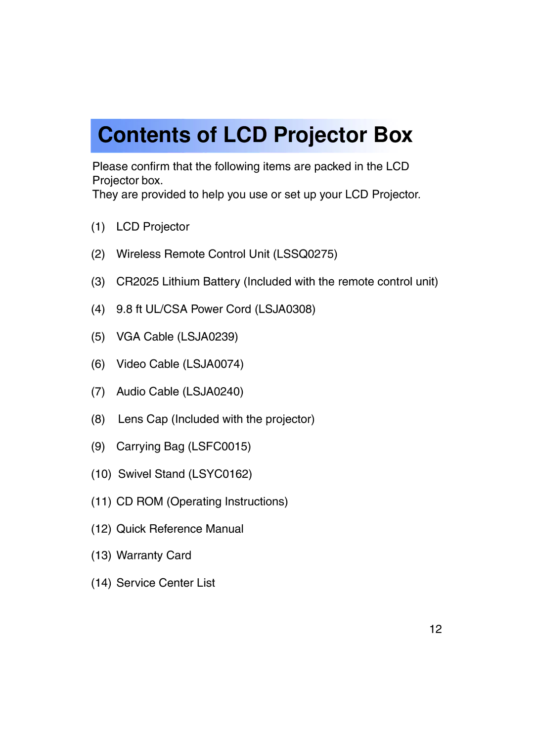 Panasonic PT-LC50U manual Contents of LCD Projector Box 