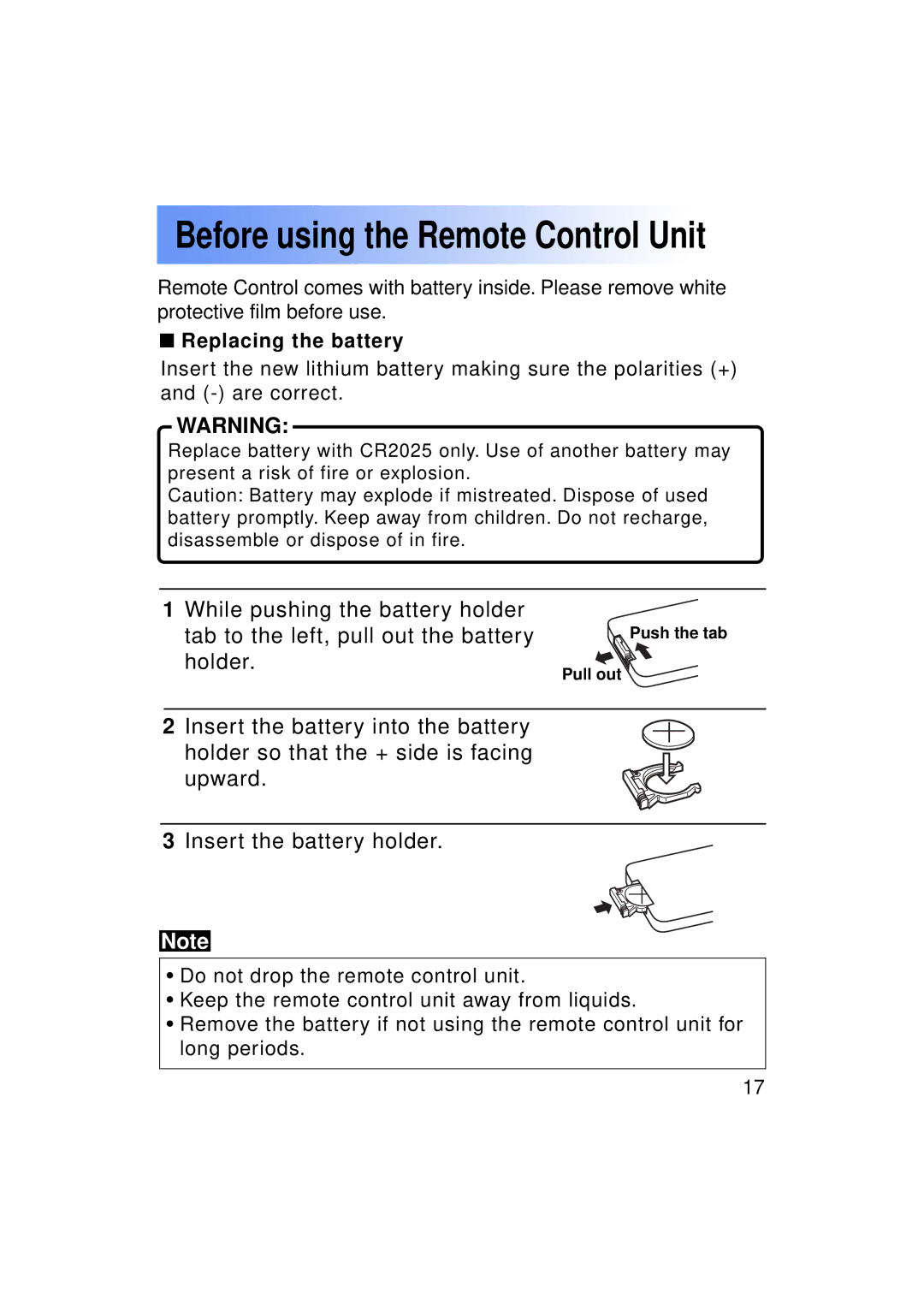 Panasonic PT-LC50U manual Before using the Remote Control Unit, Replacing the battery 