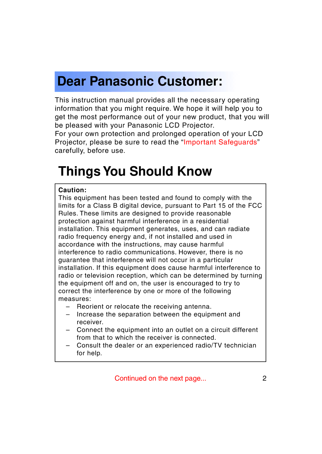 Panasonic PT-LC50U manual Dear Panasonic Customer, Things You Should Know 