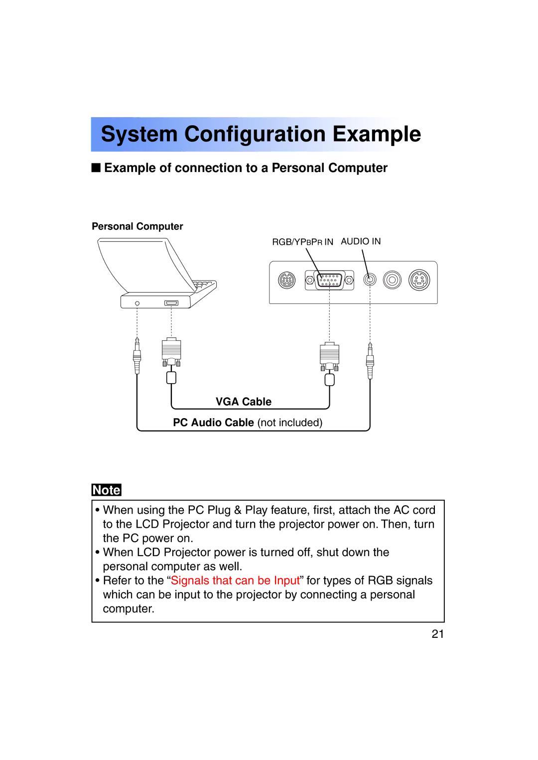 Panasonic PT-LC50U manual Example of connection to a Personal Computer 