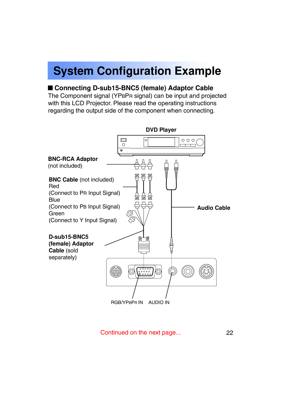 Panasonic PT-LC50U manual Connecting D-sub15-BNC5 female Adaptor Cable, BNC-RCA Adaptor 